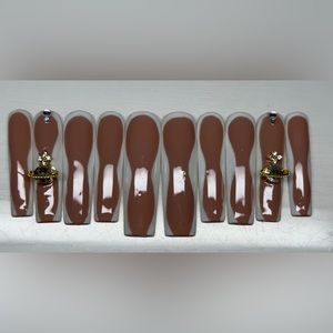 Nude with white design press on nails